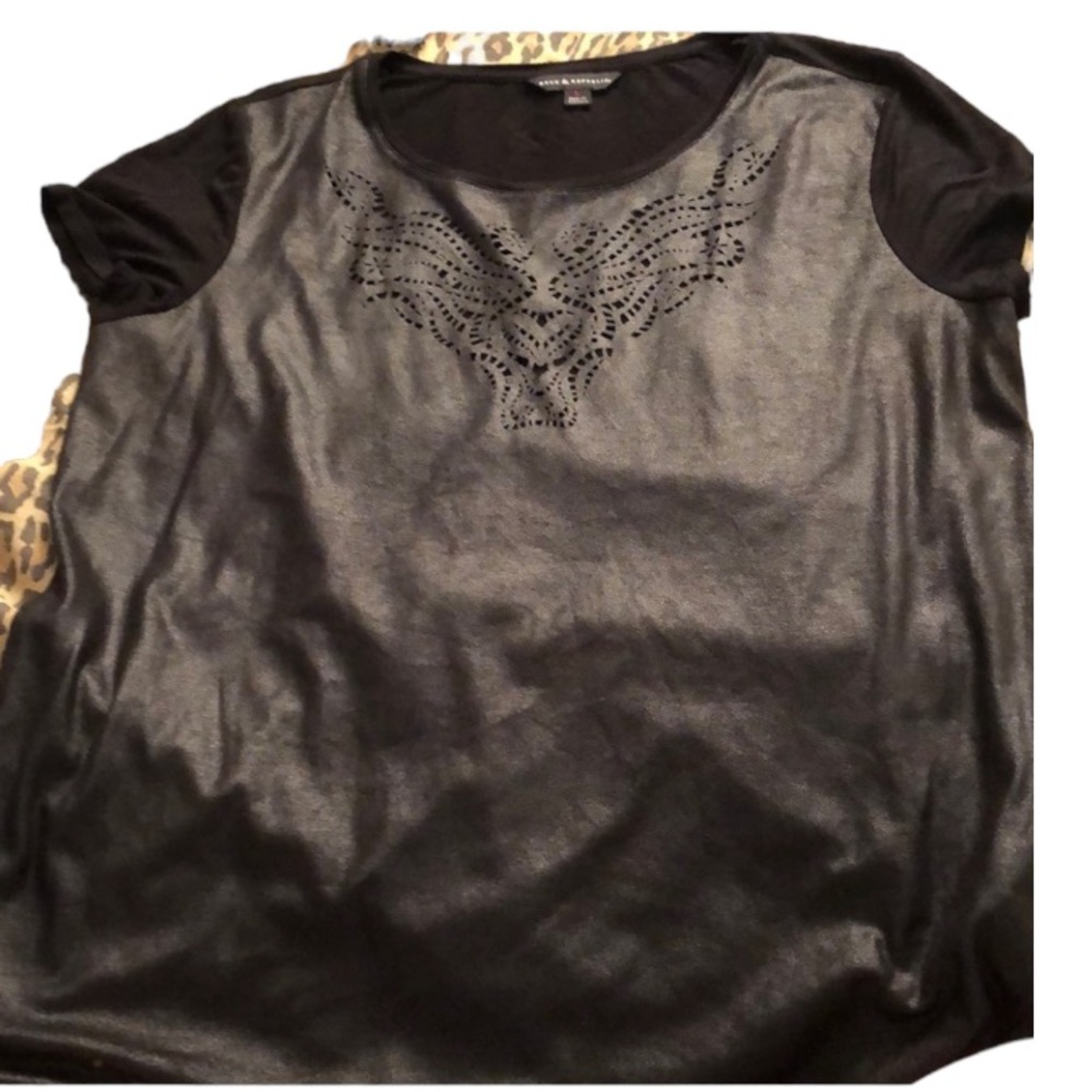 Rock & Republic large black scoop neck tee faux leather tee laser cut detail